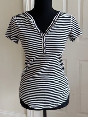 Pure + Good Navy & White Striped Henley Tee, Small